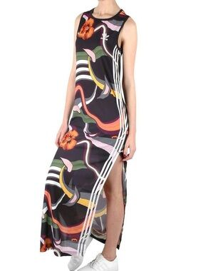 adidas Black Floral-Print Sleeveless Maxi Dress with Side Slit